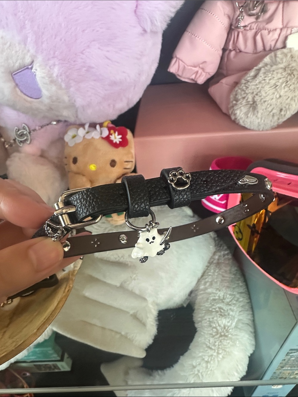 Black Small Pet Collar with Paw Charm - Cute Crystal Accent